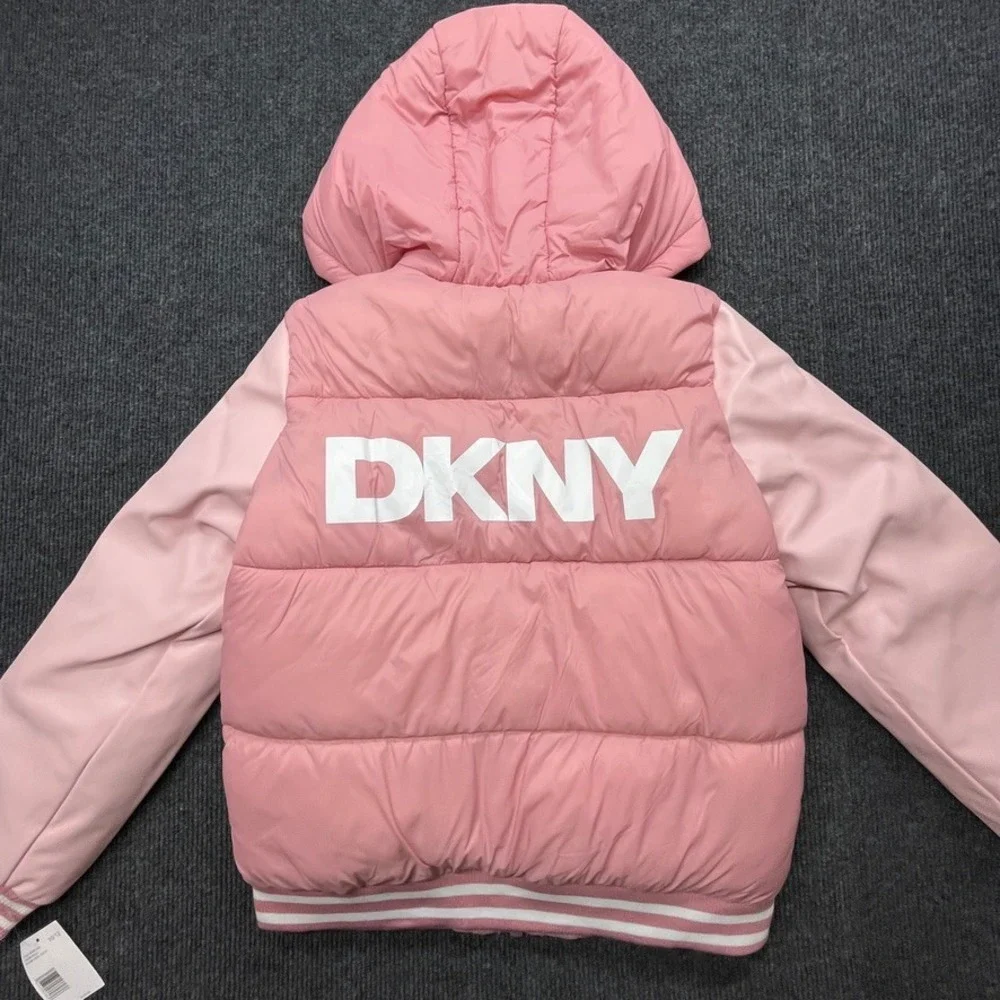 DKNY Girls Pink Puffer Jacket Faux Leather Sleeves Size 10/12 Y2K Streetwear